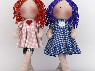 Cute Red Purple Curly Hair Dolls in Pink Blue Plaid Dresses with Heart Cat Patterns 3d model