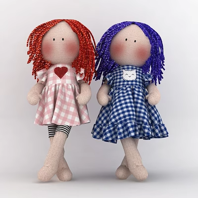 Cute Red Purple Curly Hair Dolls in Pink Blue Plaid Dresses with Heart Cat Patterns 3d model