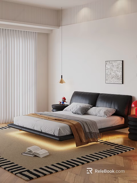 Modern Double Bed with Black Leather Headboard Gray Sheets and Brown Throw Blanket 3d model