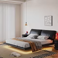 Modern Double Bed with Black Leather Headboard Gray Sheets and Brown Throw Blanket 3d model