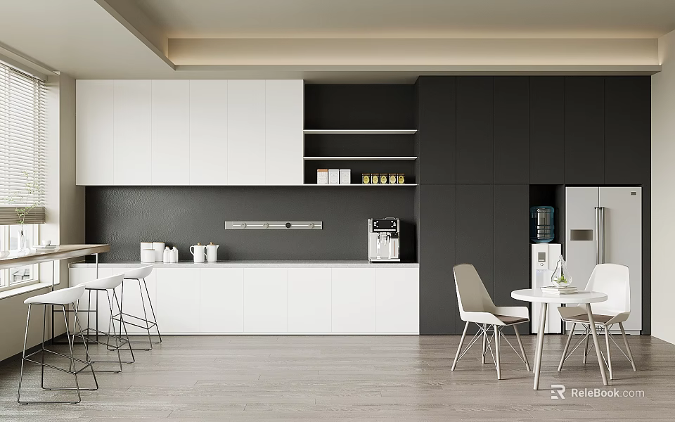 Modern Break Room Interior With White Black Cabinets Coffee Machine And Tables 3d model
