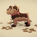 Cute Pug Dog With Red Collar Surrounded By Brown Paw Prints And White Ball