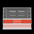 Display Cabinet Shelf with Transparent Glass Cover White Body Red Drawers and Red Striped Design