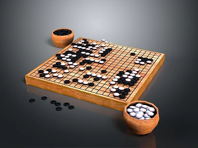 Wooden Go Board With Black And White Stones And Side Bowls Holding Placed Stones 3d model
