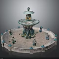 Ornate Multi Tiered Fountain With Turquoise Gold Accents And Statues On Circular Base