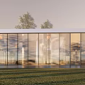 Modern Sales Office Building with Glass Curtain Wall Metal Exterior Surrounded by Trees And Grass