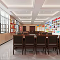 Bright Spacious Party Building Meeting Room With Neat Wooden Chairs And Cultural Display Walls