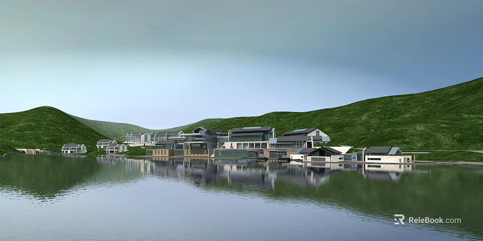 Modern Commercial Complex with Mountain View and Lake Reflection in Natural Landscape 3d model 