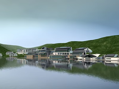 Modern Commercial Complex with Mountain View and Lake Reflection in Natural Landscape 3d model