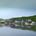 Modern Commercial Complex with Mountain View and Lake Reflection in Natural Landscape