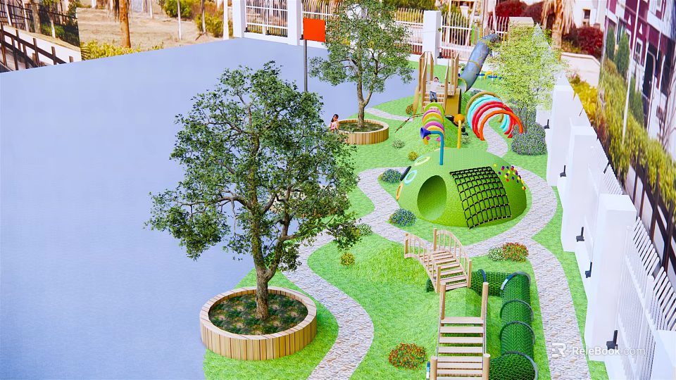 Outdoor Kids Playground With Trees Slide Climbing Structures And Green Pathways 3d model 