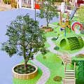 Outdoor Kids Playground With Trees Slide Climbing Structures And Green Pathways
