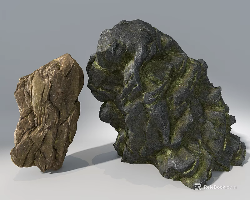 Rockery Stones With Natural Brown And Dark Green Textured Surfaces 3d model 