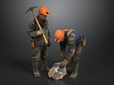 Miners Wearing Orange Hard Hats With Pickaxe Handling Rock In Work Clothes 3d model