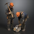 Miners Wearing Orange Hard Hats With Pickaxe Handling Rock In Work Clothes