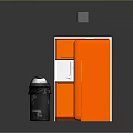 Modern Kitchen Furniture With Orange Cabinets Refrigerator Microwave Sink And Appliances
