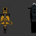 Futuristic Gold And Black Weapon With Barrel Grip Mechanical Parts And Glowing Elements