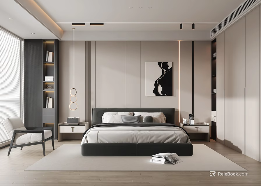 Modern Bedroom Interior With Upholstered Bed Nightstands Pendant Lights And Artwork 3d model