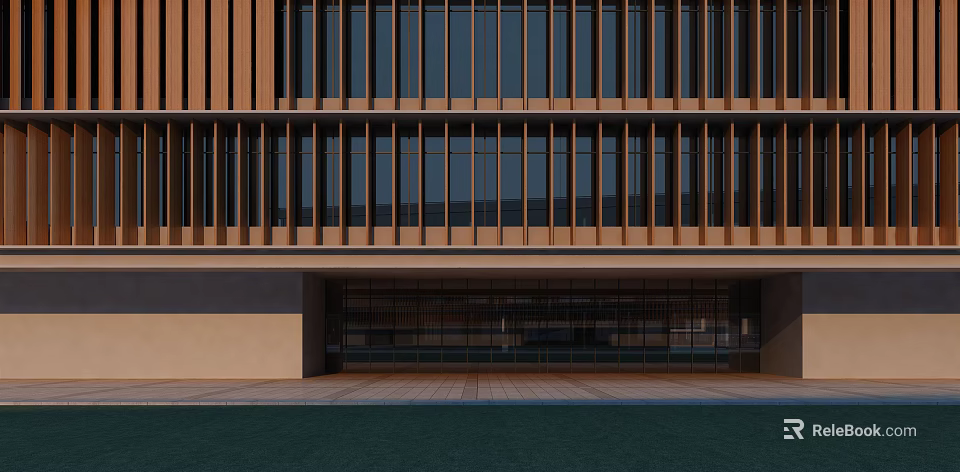 Modern Storefront Facade With Wooden Horizontal Slats And Large Glass Windows 3d model 