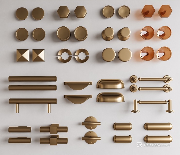 Various Brushed Brass Furniture Handles With Different Designs For Cabinets And Drawers 3d model 