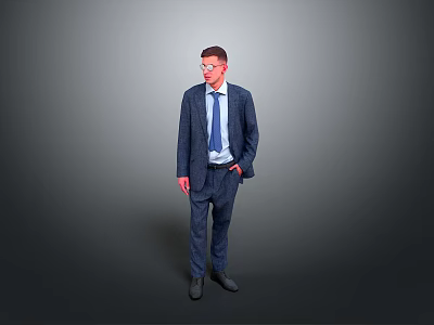 Man in Blue Suit With Glasses Standing With Hands in Pockets Against Gray Background 3d model