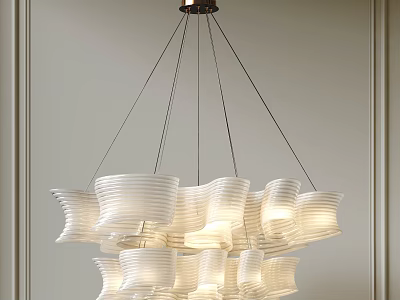 Modern White Chandelier With Wavy Shades Layered Design Hang From Ceiling Against Light Colored Walls 3d model