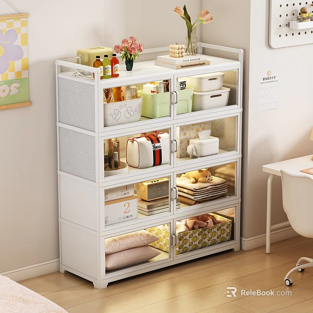 Modern White Entryway Console Cabinet With Multi layer Storage Drawers Open Shelves And Decorative Boxes 3d model