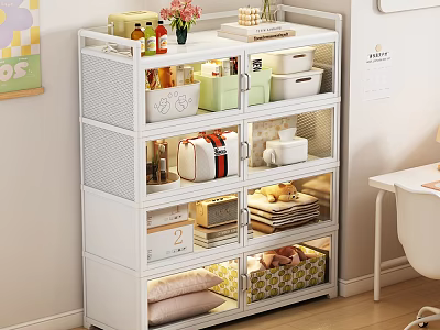 Modern White Entryway Console Cabinet With Multi layer Storage Drawers Open Shelves And Decorative Boxes 3d model