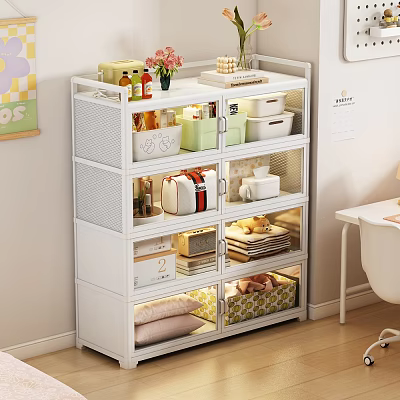 Modern White Entryway Console Cabinet With Multi layer Storage Drawers Open Shelves And Decorative Boxes 3d model