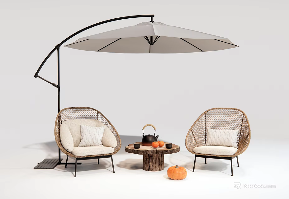 Stylish Rattan Outdoor Chairs With White Cushions Under Arched Patio Umbrella And Small Wooden Table 3d model 