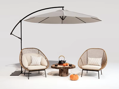 Stylish Rattan Outdoor Chairs With White Cushions Under Arched Patio Umbrella And Small Wooden Table 3d model