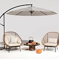 Stylish Rattan Outdoor Chairs With White Cushions Under Arched Patio Umbrella And Small Wooden Table