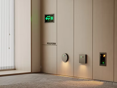Modern Projection Wall Setup With Green Arrow Display Round And Square Devices Light Wood Interior 3d model