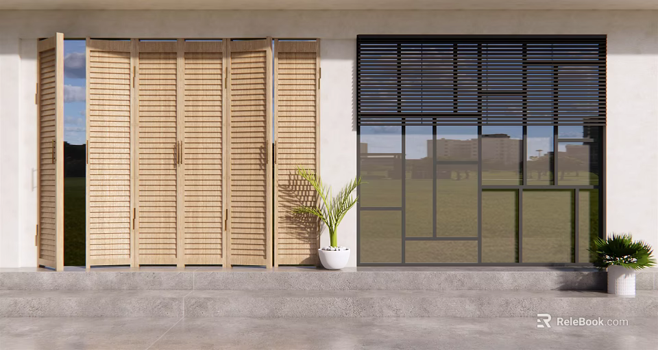 Wooden And Black Window Blinds For Modern Exterior Home Design With Glass Panels 3d model 