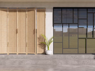 Wooden And Black Window Blinds For Modern Exterior Home Design With Glass Panels 3d model