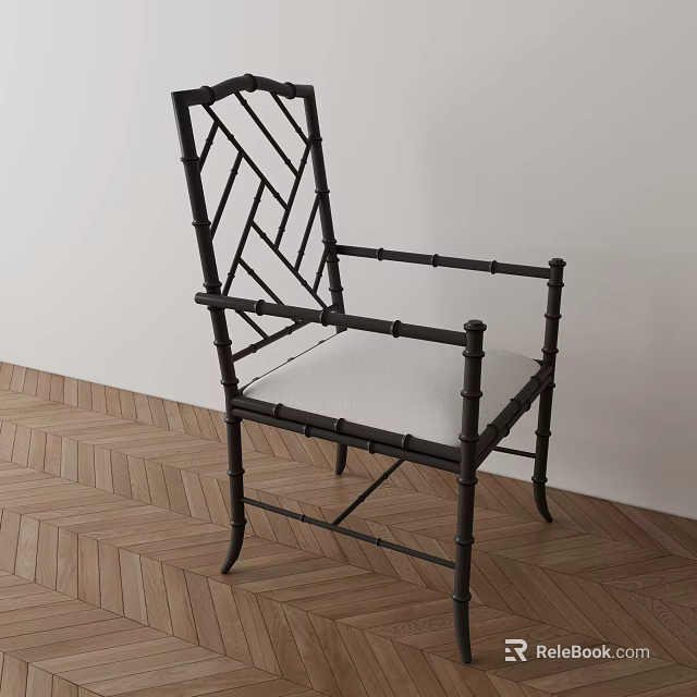 Black Frame Dining Chair With Geometric Backrest Armrest And Light Padded Seat On Herringbone Floor 3d model 