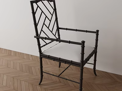 Black Frame Dining Chair With Geometric Backrest Armrest And Light Padded Seat On Herringbone Floor 3d model