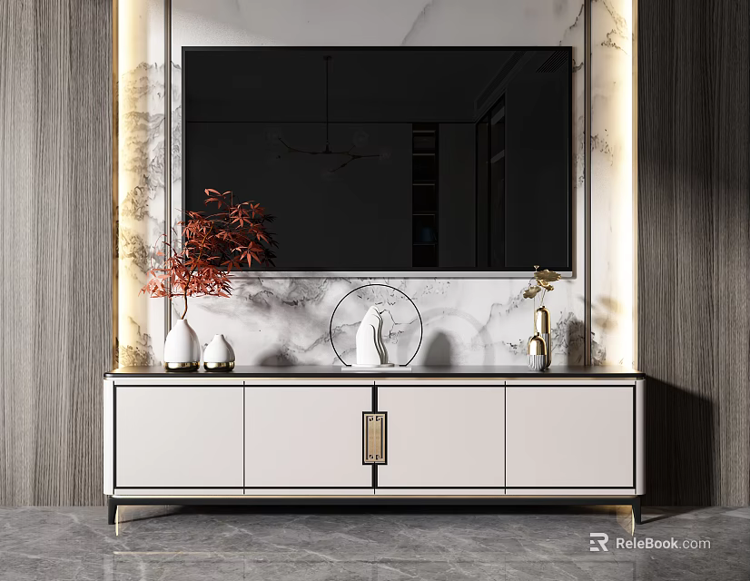 Modern Elegant TV Stand with Marble Backdrop Vase Decorations and LED Lighting 3d model