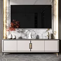 Modern Elegant TV Stand with Marble Backdrop Vase Decorations and LED Lighting 3d model