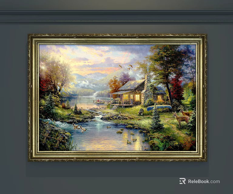 Landscape Painting With Golden Frame Cabin Stream Lake Mountains And Sunset Sky 3d model 