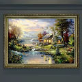 Landscape Painting With Golden Frame Cabin Stream Lake Mountains And Sunset Sky