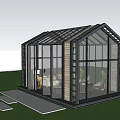 Garden Greenhouse With Glass Walls Black Frame Wooden Trim Indoor Plants And Outdoor Grass