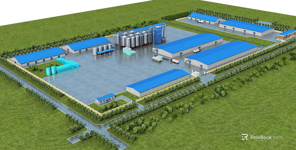 Large Scale Industrial Factory Complex With Blue Roofed Buildings Silos Green Lawns And Parking Area 3d model 