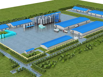 Large Scale Industrial Factory Complex With Blue Roofed Buildings Silos Green Lawns And Parking Area 3d model
