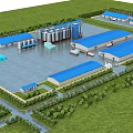 Large Scale Industrial Factory Complex With Blue Roofed Buildings Silos Green Lawns And Parking Area