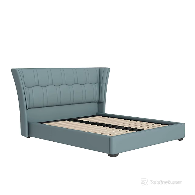 Modern Light Blue Upholstered Double Bed Frame With Padded Headboard And Wooden Slats 3d model 