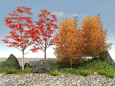 Red and Orange Leaf Trees with Stones Grass and Gravel Ground 3d model