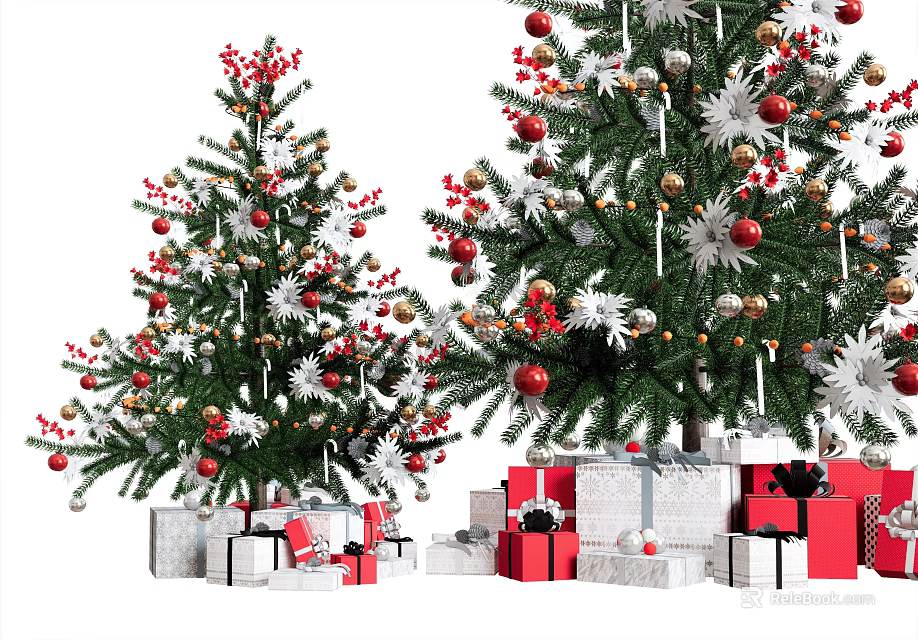 Decorated Arbor With Red Balls White Snowflakes Gold Ornaments And Gift Boxes 3d model