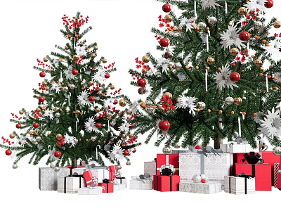 Decorated Arbor With Red Balls White Snowflakes Gold Ornaments And Gift Boxes 3d model