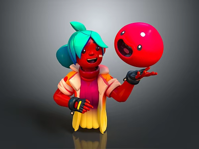 Game Movie Character With Red Skin Teal Hair Yellow Orange Outfit Holding Red Smiling Ball 3d model